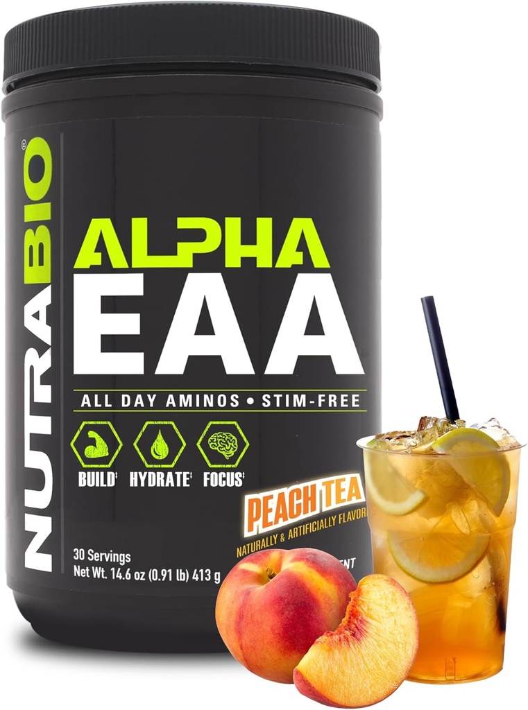 NutraBio Alpha EAA - All-Day Aminosyror för muskeltillväxt och hydrering - Väsentliga aminosyror med nootropics & Adaptogener - Full Spectrum EAA BCAA Powder - 30 portioner - Peach Tea