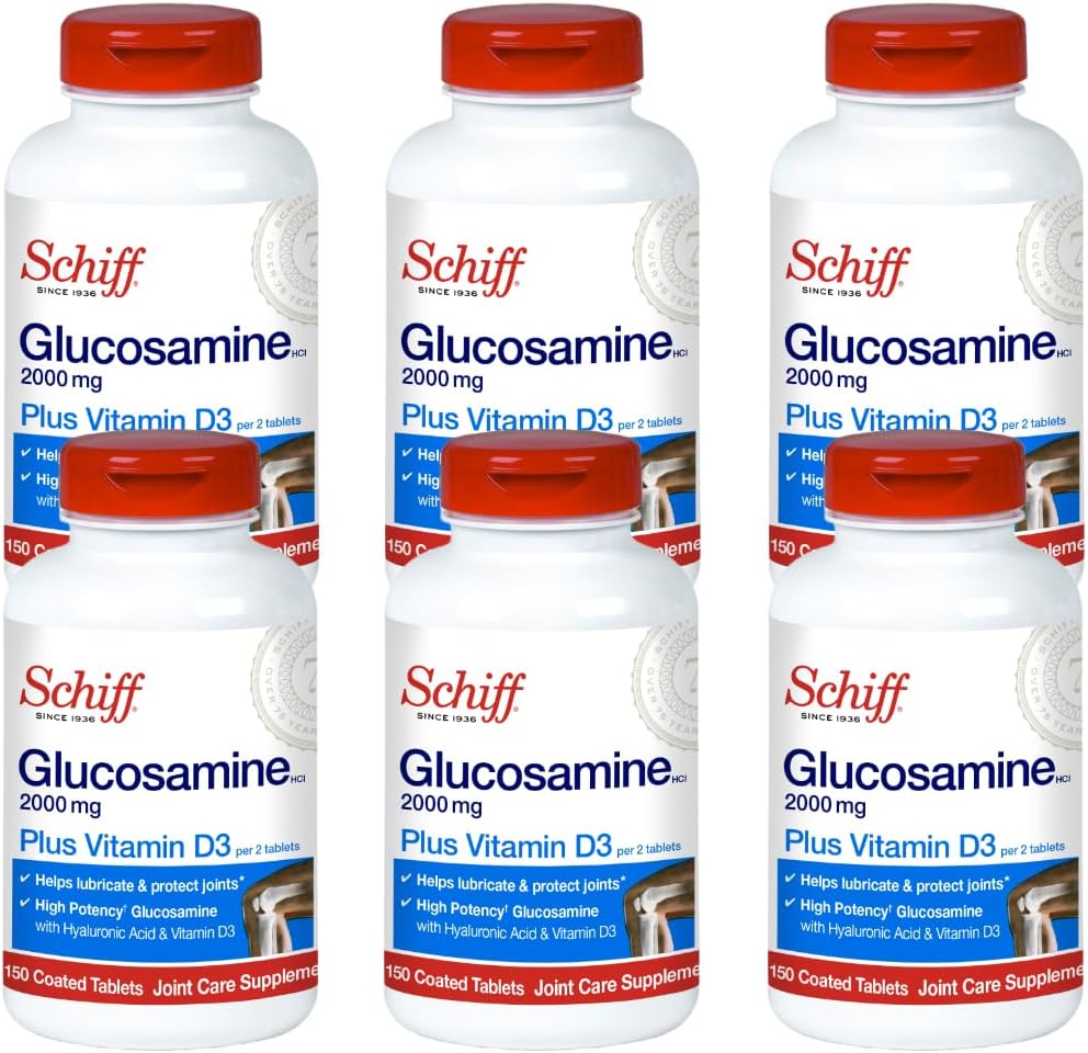 Schiff Glucosamine 2000mg med vitamin D3 och Hyaluronsyra, 150 tabletter - Gemensamt tillskott (Pack of 6)