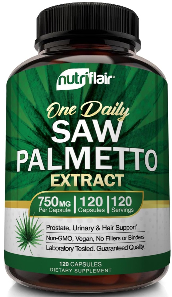 NutriFlair Saw Palmetto Extract 750mg, 120 kapslar - Natural Prostate Supplement & Berry Health Support - Hjälper Block DHT att förhindra håravfall och hjälper till att minska frekvent urinering, för kvinnor och män