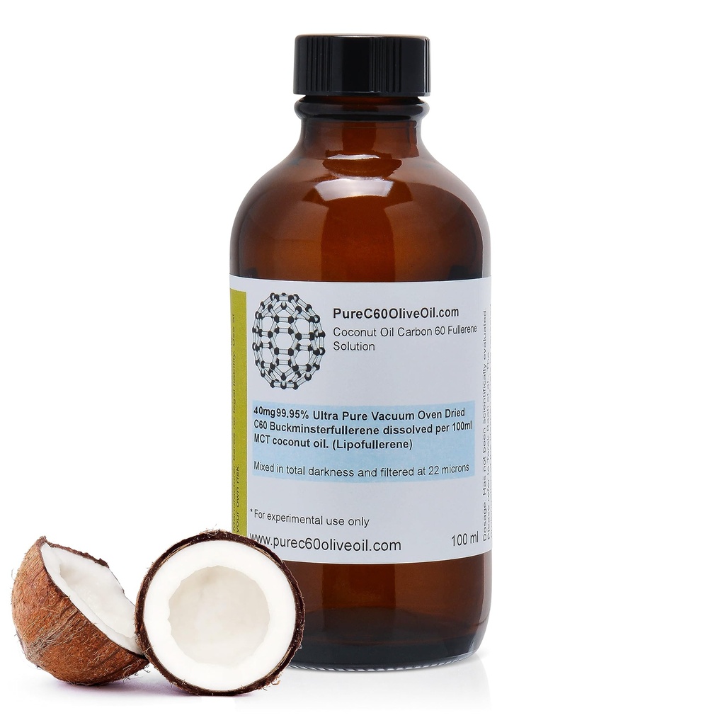 PureC60OliveOil C60 Organic MCT Coconut Oil 100ml / 3.4 Fl Oz - 99.95% Kol 60 Lösningsfri 40mg - Amber Glass Bottle - Food Grade - Kol 60 Kokosolja - Från den ledande globala producenten