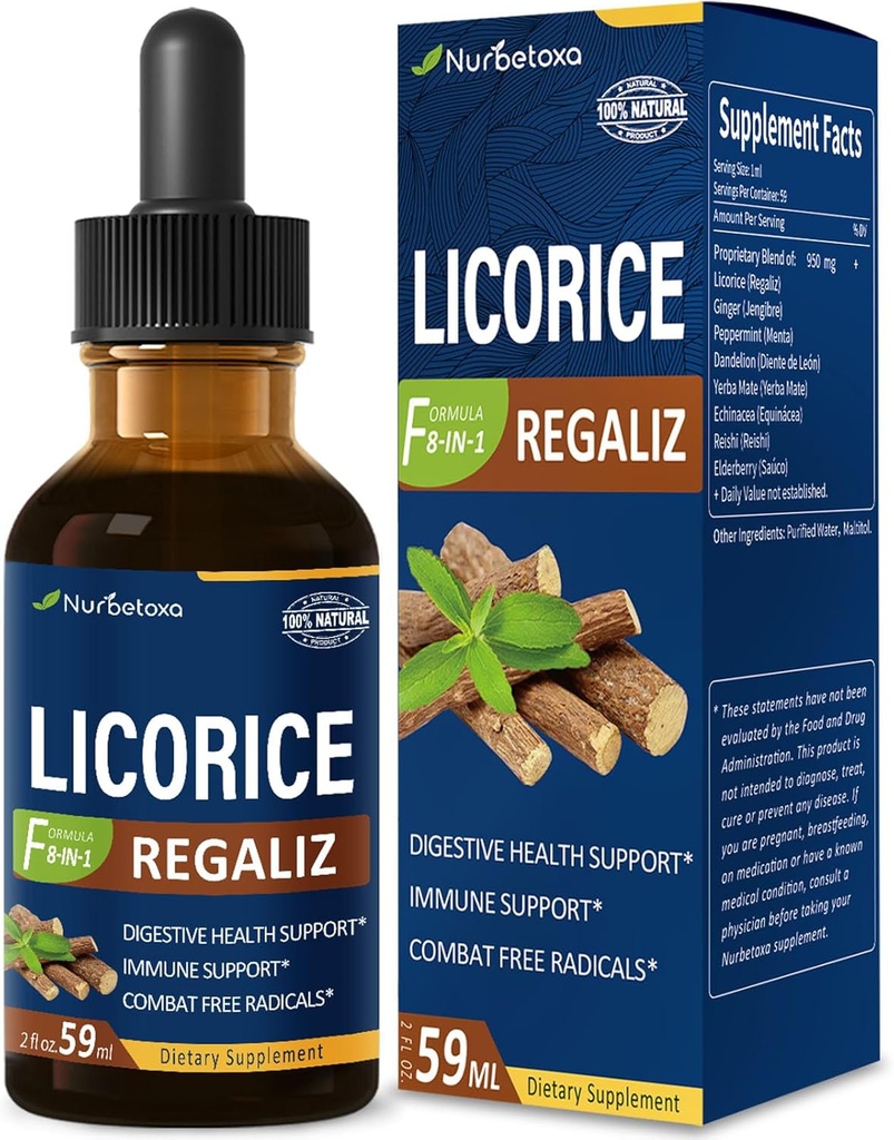 Licorice Root Extract Drops för Digestive Health, Natural Herbal Bloating Relief och Immune Support Liquid Tincture Supplement med Dandelion, Peppermint, Ginger. extrato de Regaliz. 2oz