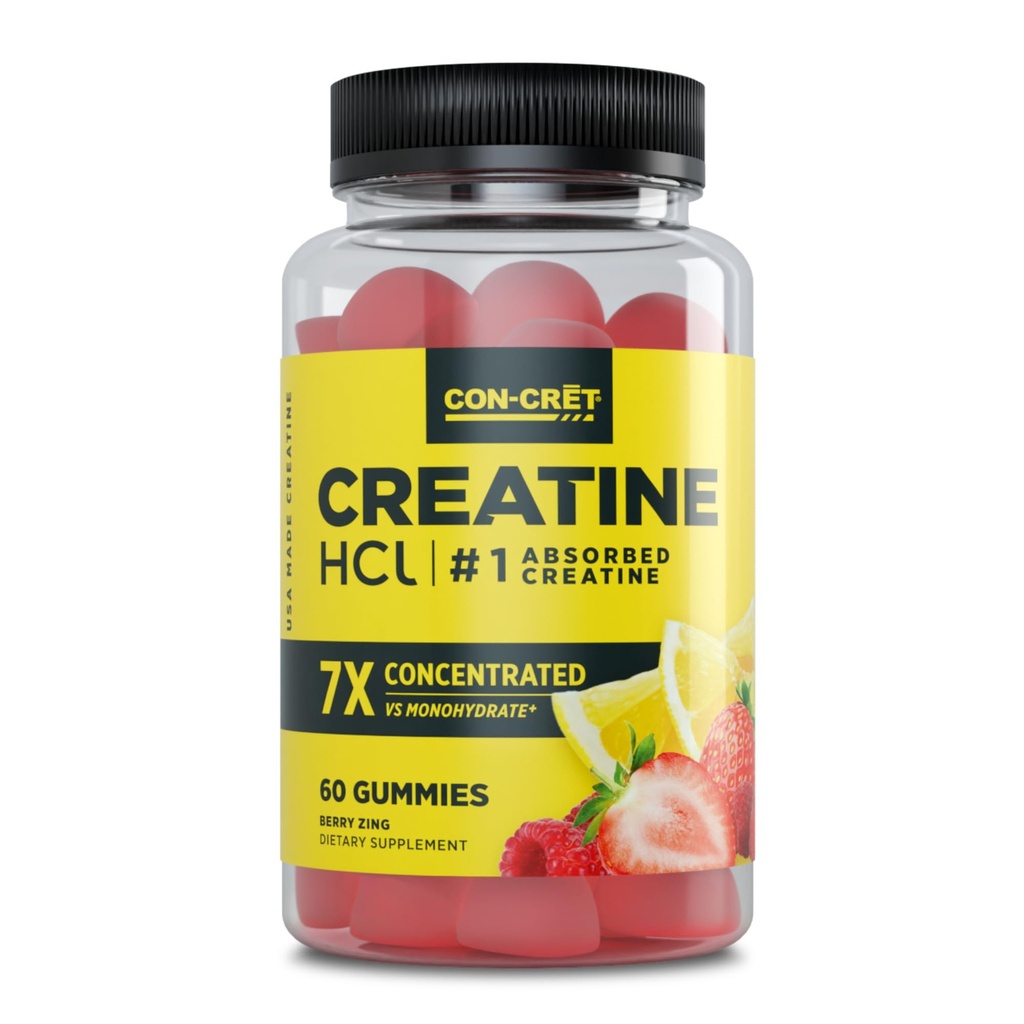 CON-CRET Creatine HCl Gummies för Män & Kvinnor | Muskel, kognitivt, cellulärt energistöd | Ingen uppblåsthet eller kramper | USA Made | Berry Zing (60 greve)