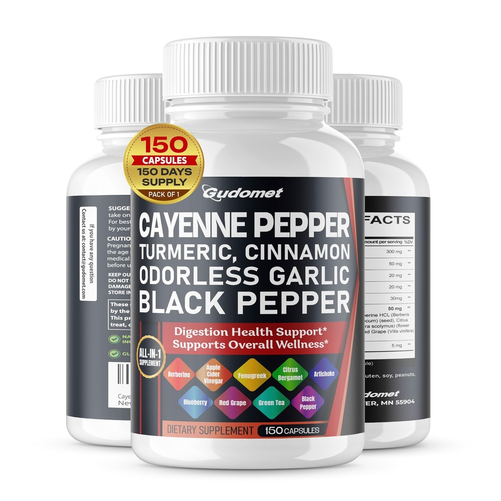 Cayenne Pepper Turmeric Odorless Garlic Cinnamon Fenugreek Citrus Bergamot Artichoke Blueberry Green Tea Black Pepper -150 kapslar - Made in USA