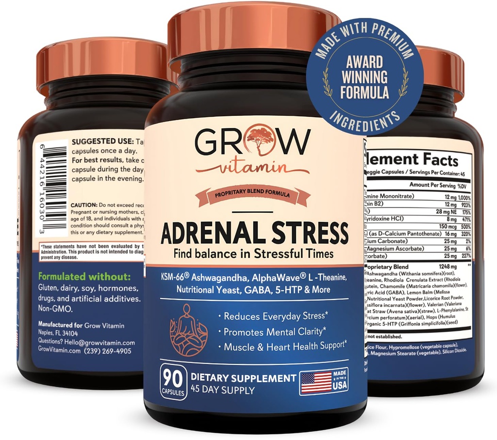Väx vitamin Adrenal Stress Advanced Formula, Organic KSM-66 Ashwagandha med AlphaWave L-Theanine, 5-HTP, Magnesium Blend - Everyday Stress Relief, Mood Support, kognitiv, hjärnhälsa, 90 kapslar