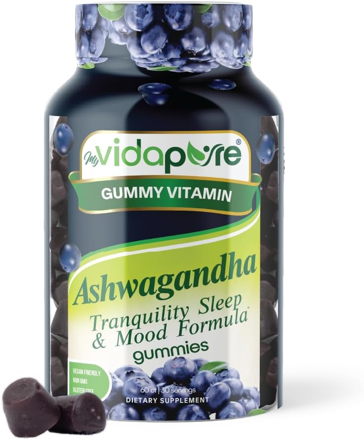Ashwagandha Gummies, High Potency Ashwagandha Root Extract med Magnesium Glycinate, Melatonin, B6, Valerian Root, GABA, Passion blomma för män och kvinnor. 60 Count 30 portioner av myVidaPure
