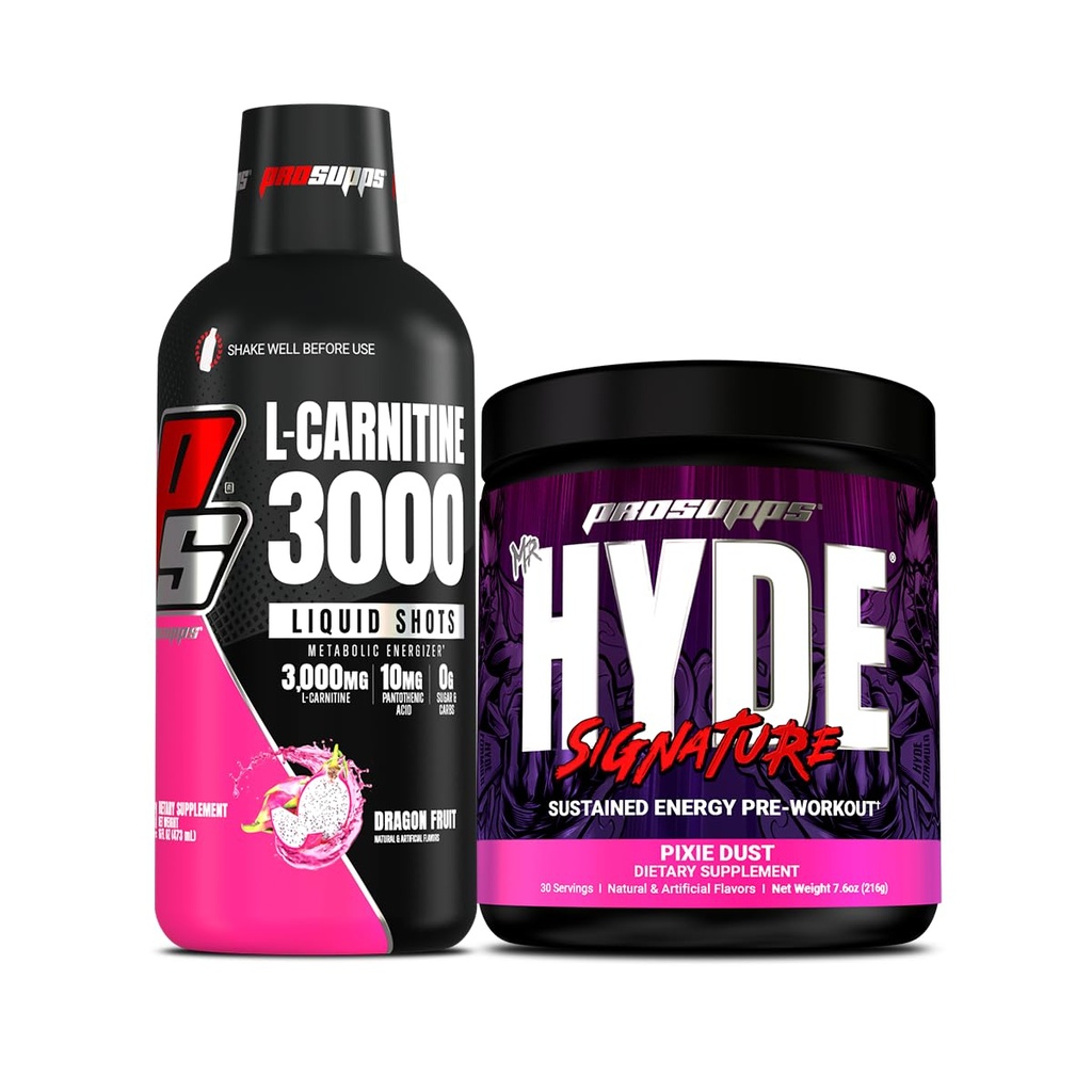 PROSUPPS L-Carnitine 3000 Stimulant Free Liquid Shots (31 portioner, Dragon Fruit) och Herr Hyde Signature Series Pre-Workout Energy Powdered Drink (30 portioner, Pixie Dust) Bundle