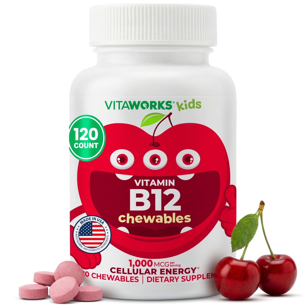 Barn Vitamin B12 1000 mcg Chewable Tablets - Tasty Natural Cherry Flavor - Vegan, GMO-Free, Gluten Free, Nut Free - Dietary Supplement - Cellular Energy Vitamins för barn - 120 Chewables