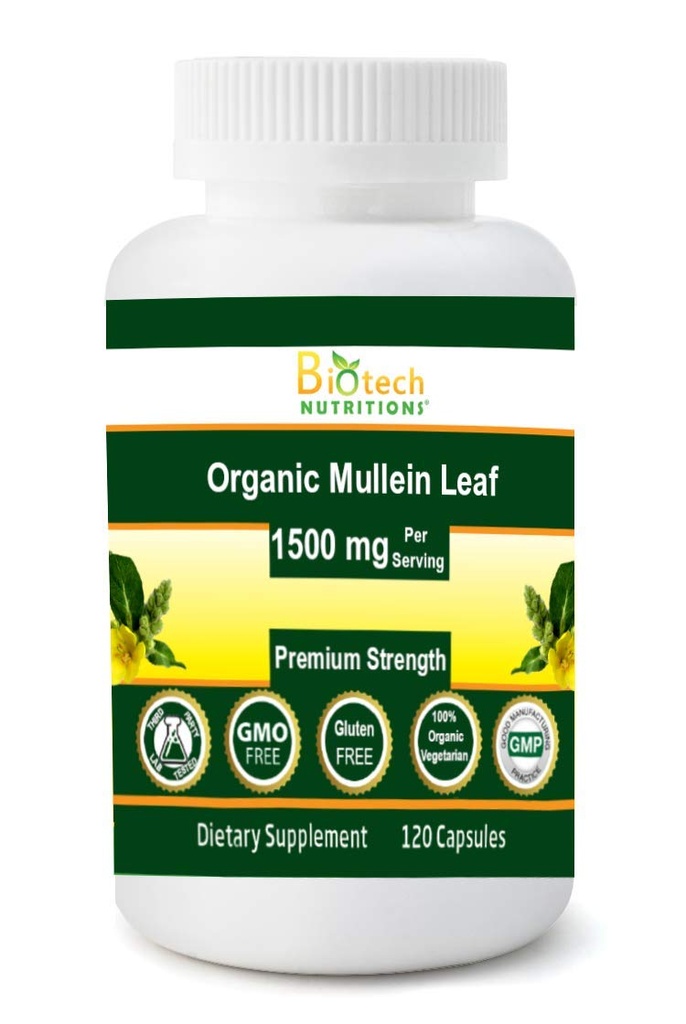 Organic Mullein Leaf 1500 mg Servering 120 vegetabiliska kapslar tillverkade i USA