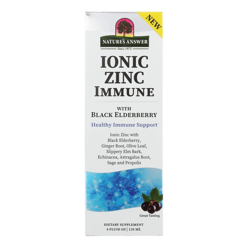 Naturens svar Ionic Zink Immune med Black Elderberry 4 oz Extract med Slippery Elm, Echinacea, Astragalus, Sage 160 portioner per flaska