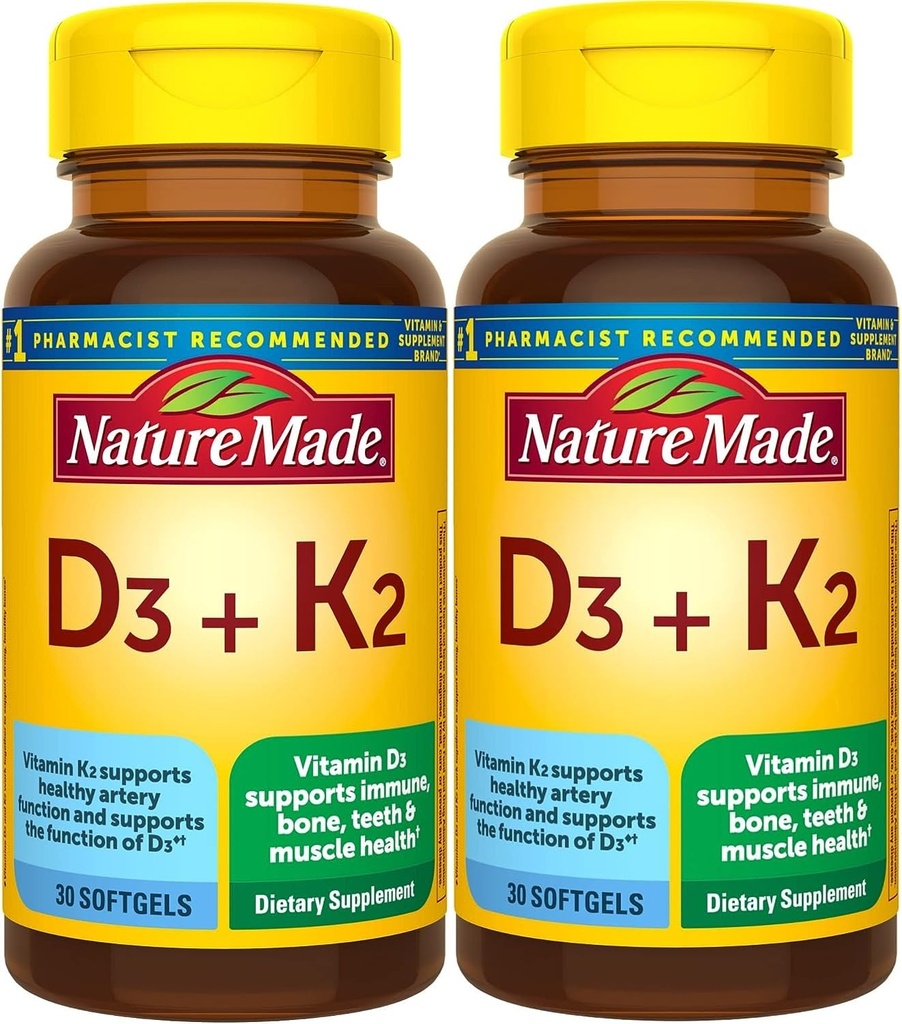 Nature Made Vitamin D3 K2, 5000 IE (125 mcg) Vitamin D, Kosttillskott för ben, tänder, muskel och immunhälsa, 30 Softgels, 30 Day Supply - Pack på 2