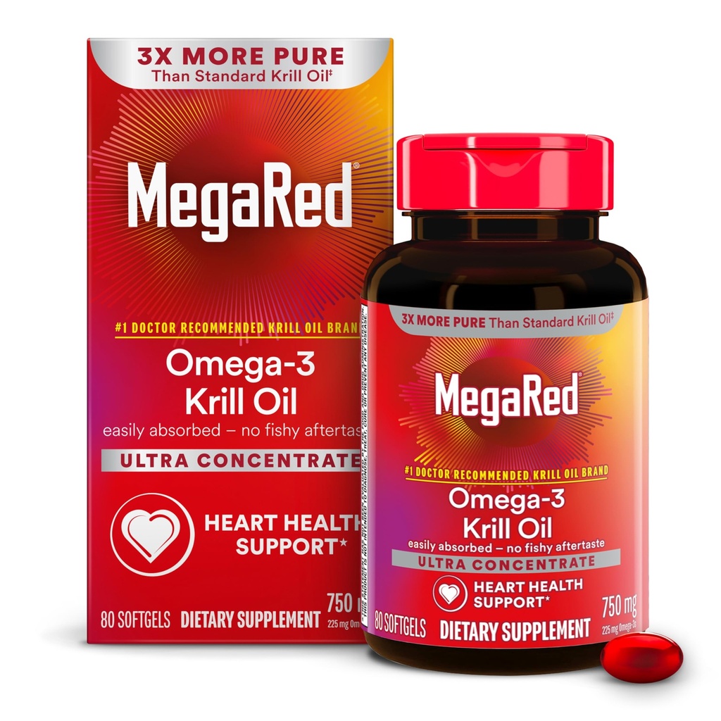 MegaRed Antarctic Krill Oil 750mg, Omega 3 Fatty Acid Supplement, Ultra Concentrate EPA & DHA Softgels, Antioxidant Astaxanthin, Heart Health Supplement med No Fish Oil Aftertaste, 80ct