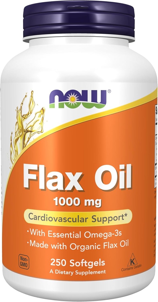 NOW Foods Supplements, Flax Oil 1,000 mg gjord med organisk linolja, kardiovaskulärt stöd *, 250 Softgels