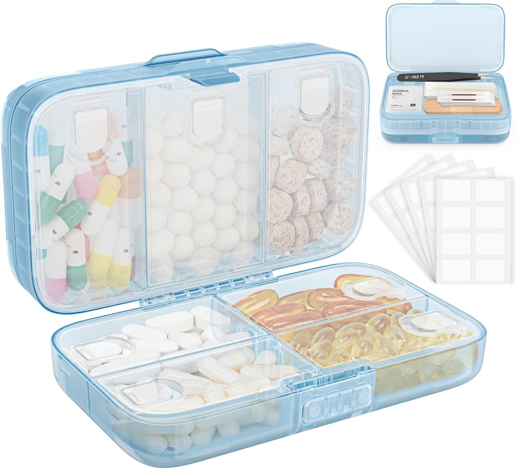 FYY Weekly Pill Organizer with Labels,8 Compartments Travel Daily Pill Case Airtight Moistureproof Large Pill Box to Hold Vitamins, Fish Oil, Supplements,Cotton Swab och Bandages-Blue