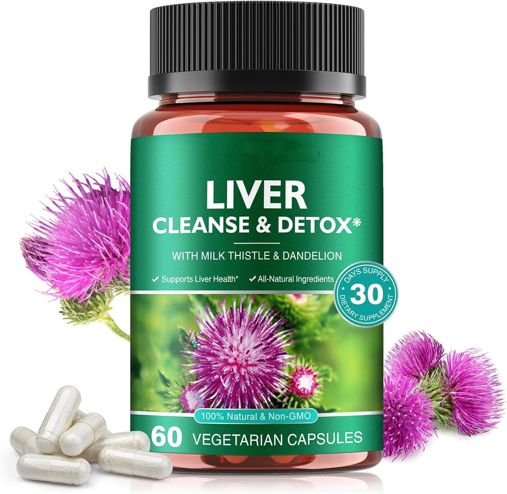 Liver Cleanse & Detox Pills for Liver Health Repair - med mjölk Thistle Extract, Dandelion Root, Ginger, Beetroot Powder & Vitamins - Natural Liver Support, 60 Vegan Capsules