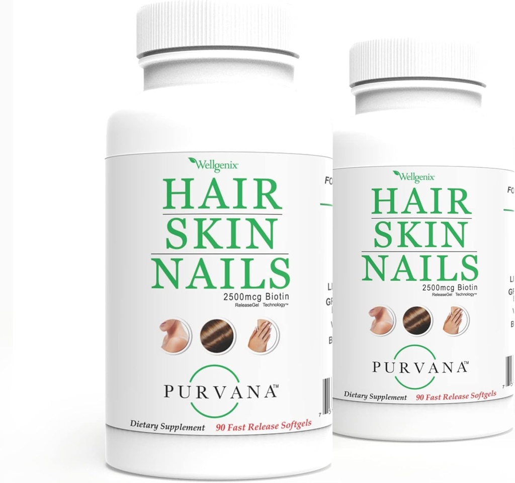 Wellgenix Purvana Hair, Skin och Nails Vitamin Softgels för hög absorption - Dubbel styrka 2500mcg Biotin, VIT A & B (90 greve) 2 Pack