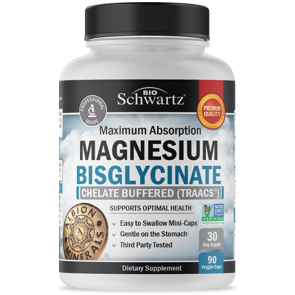 Magnesium Bisglycinate 100% Chelate No-Laxative Effect - Maximal Absorption & Bioavailability, Fullt Reacted & Buffered - Healthy Energy Muscle Bone & Joint Support - Non-GMO Project Verified - 90 ct