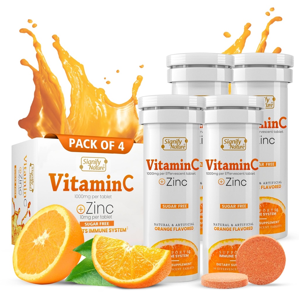 SIGNIFY NATURE Vitamin C 1000mg Effervescent Tablets - Potent Immune Support VIT C med Zink Supplement - Sugar-Free & Vegan Formel | Dissolvable Vitamin C tabletter - Vattenlöslig Fizzy Elixir - 40CT