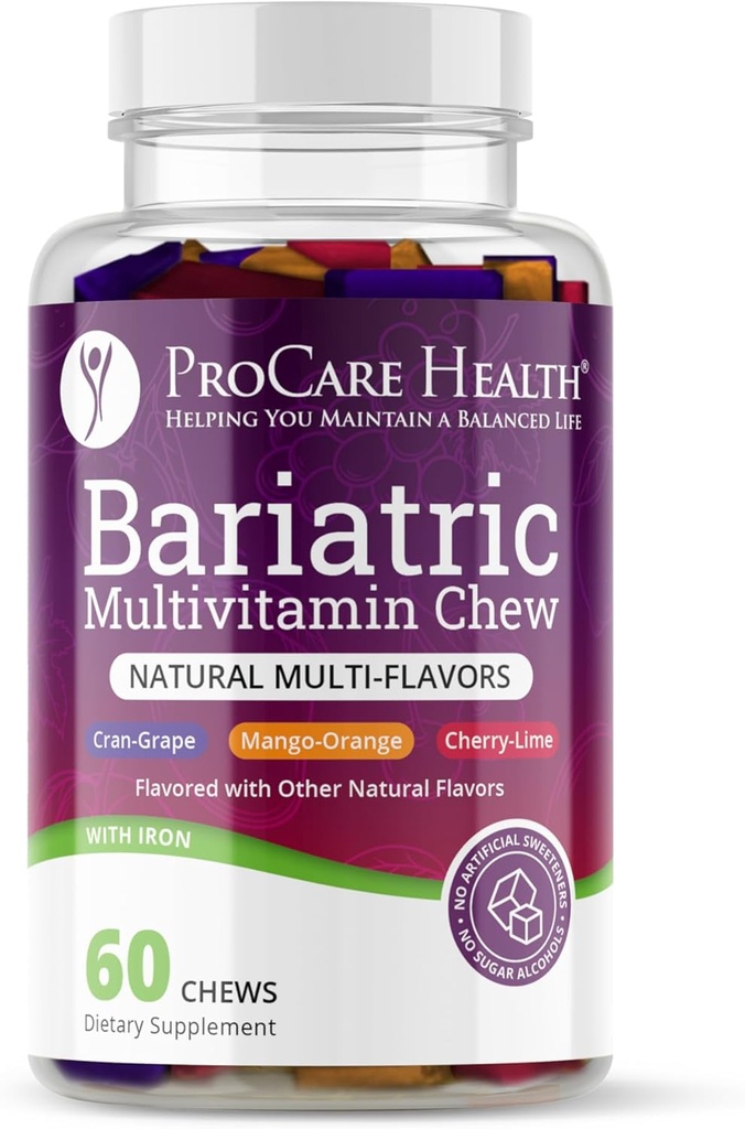 ProCare Health | Bariatric Multivitamin | Soft Chew | 22.5mg Iron | Individuellt inslagna | Multi-Flavor | Cran-Grape, Mango-Orange, Cherry-Lime | 60 greve | 1 månads leverans
