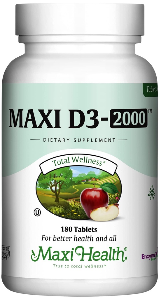 Maxi Health Kosher Vitamin D3 2000IU - Mycket absorberbara D-vitamintillskott för hälsosam immunrespons, kalciumabsorption, tänder och benhälsa - D3 Vitamin 2000 IE -180 tabletter
