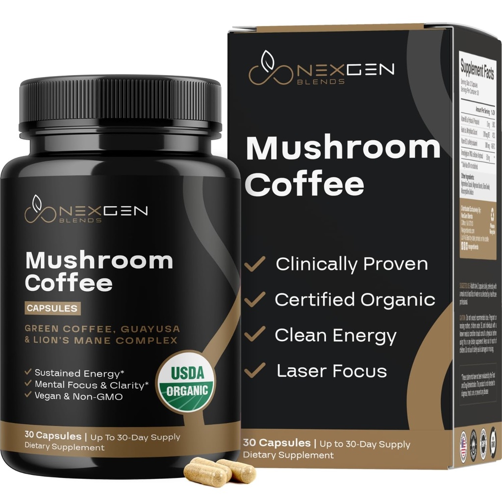 100% Organic Mushroom Coffee Capsules - Natural Energy Supplement med 130 mg koffein från kliniskt beprövade gröna kaffebönor och Guayusa extrakt för Jitter-Free Energy & Focus (30 portioner)