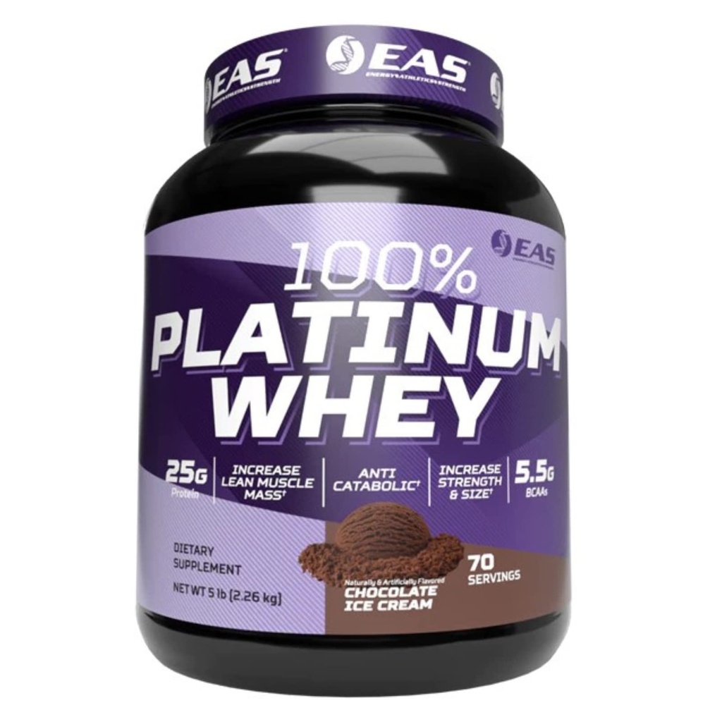 EAS 100% Platinum | 3 Ultra-Platinum Whey Proteins | Öka storlek och styrka | 25g protein, 5,5 g BCAAs | 5 pund (Chocolate Ice Cream)