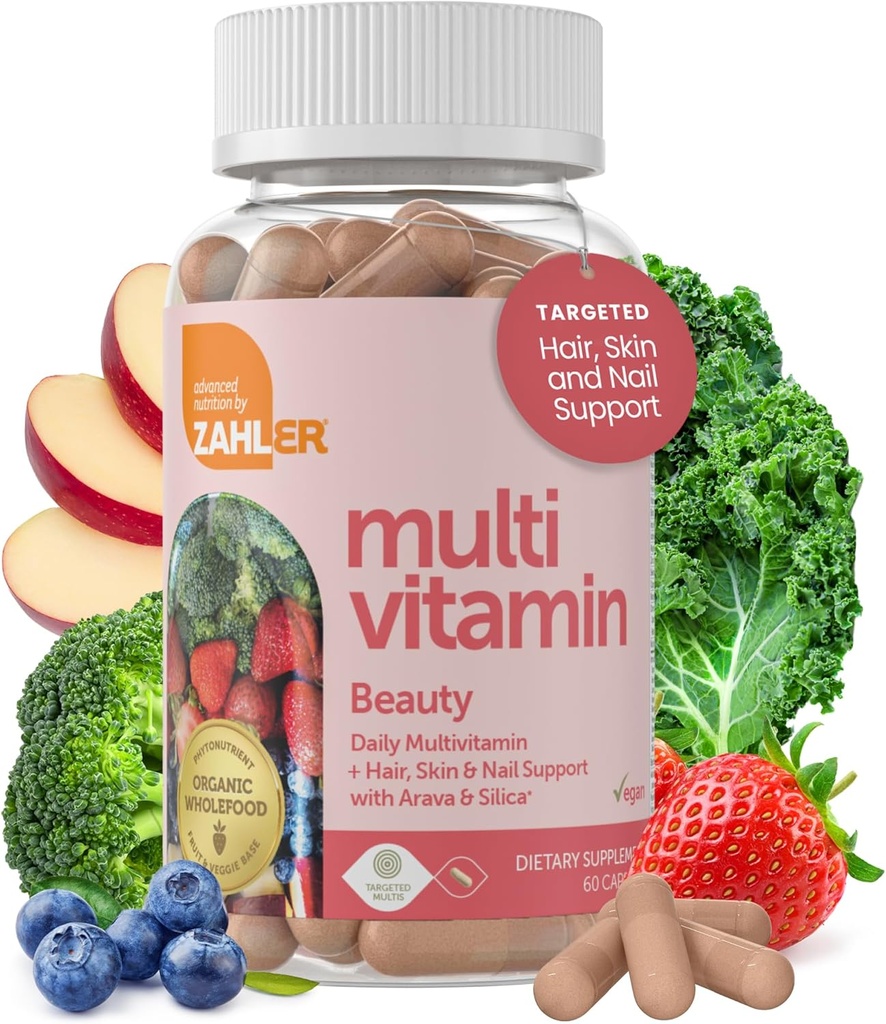 Zahler Multivitamin Beauty, Daily Multivitamin +Skin Hair och Nails Support, för kvinnor och män med järn, certifierad kosher, 60 kapslar