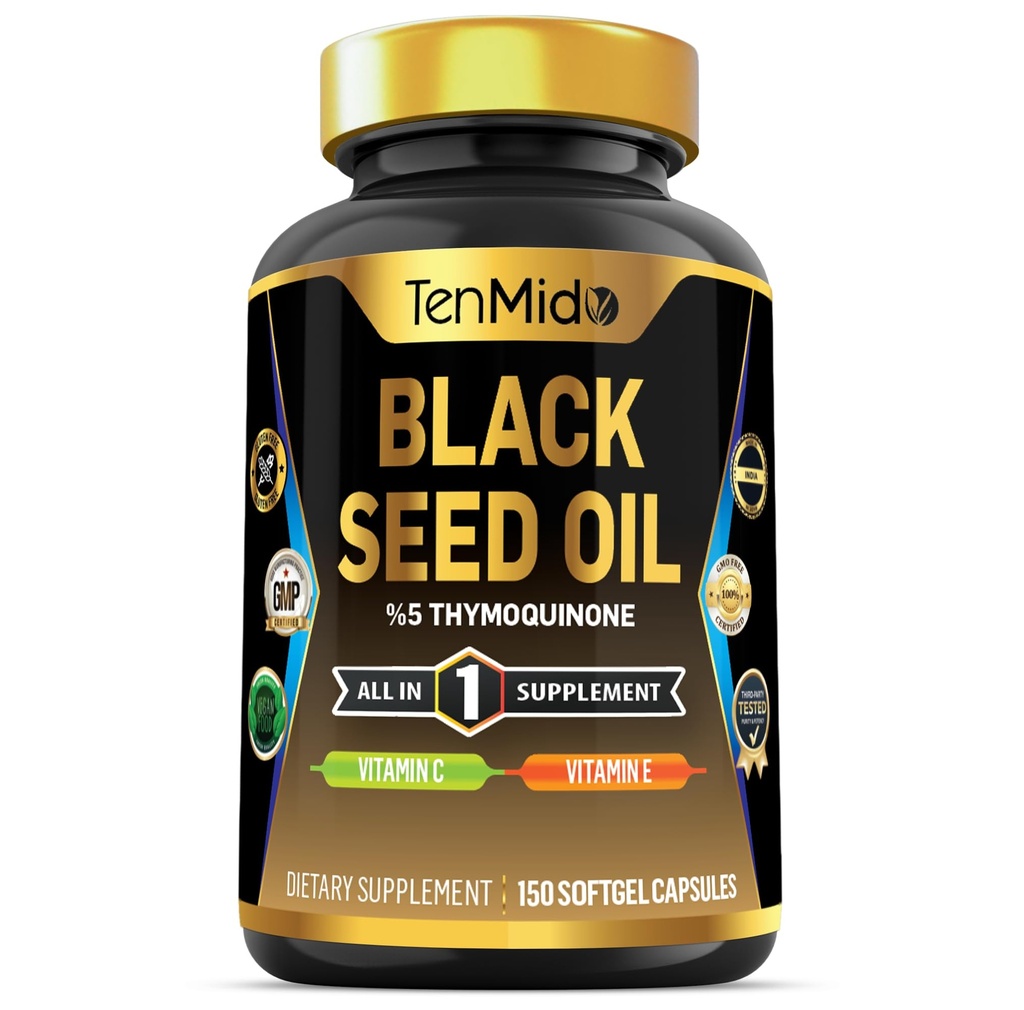 Black Seed Oil Capsules Supplement - 4in1 Formel - Kombinera med vitamin C, Vitamin E - Digestive Health, Immune Support - Rich in Nutrient - 150 Softgel Capsules