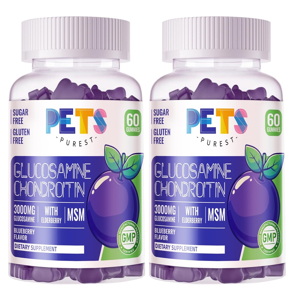 Husdjur Purest Glukosamin Chondroitin Gummies med MSM & Elderberry Extra Strength - Gemensamt stöd, Antioxidant Immune Support Supplement för vuxna, Män & Kvinnor.(2 Pack) Blueberry