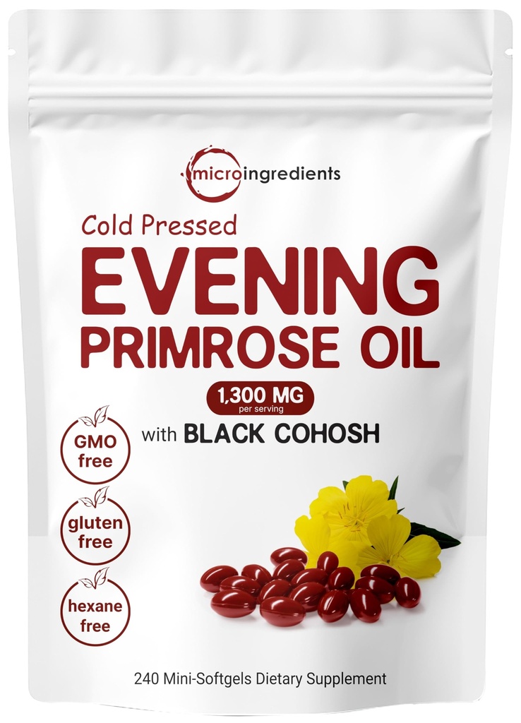 Micro Ingredients Evening Primrose Oil 1300mg Per Servering, 240 Softgels | Förbättrad med 40mg Black Cohosh Extract, Cold Pressed - 10% Aktiv GLA, Non-GMO, No Gluten, Lätt att Svälja