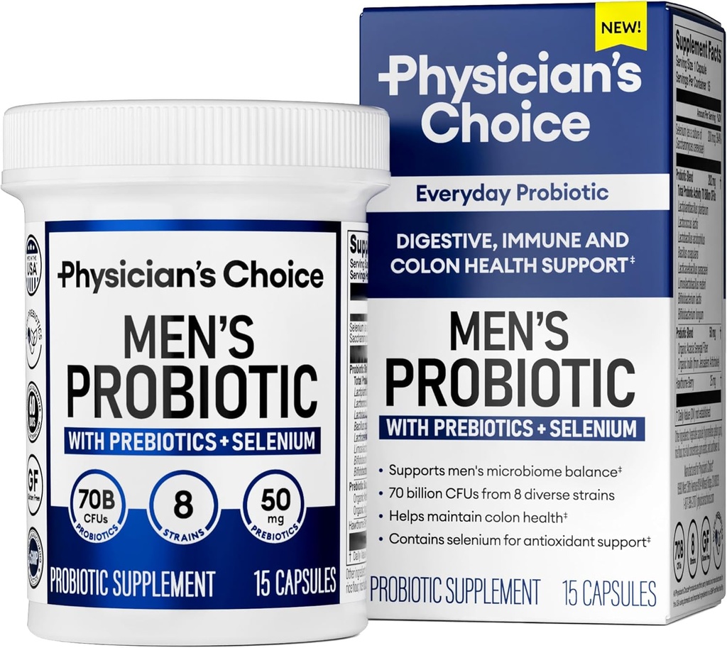 Läkarens valprobiotika för män - 70 miljarder CFU - 8 stammar - Selenium & Prebiotika - Stöder Digestive Health, Microbiome, Colon, & Immune Health - Avancerad Mäns Probiotiska - 15ct Sample Size