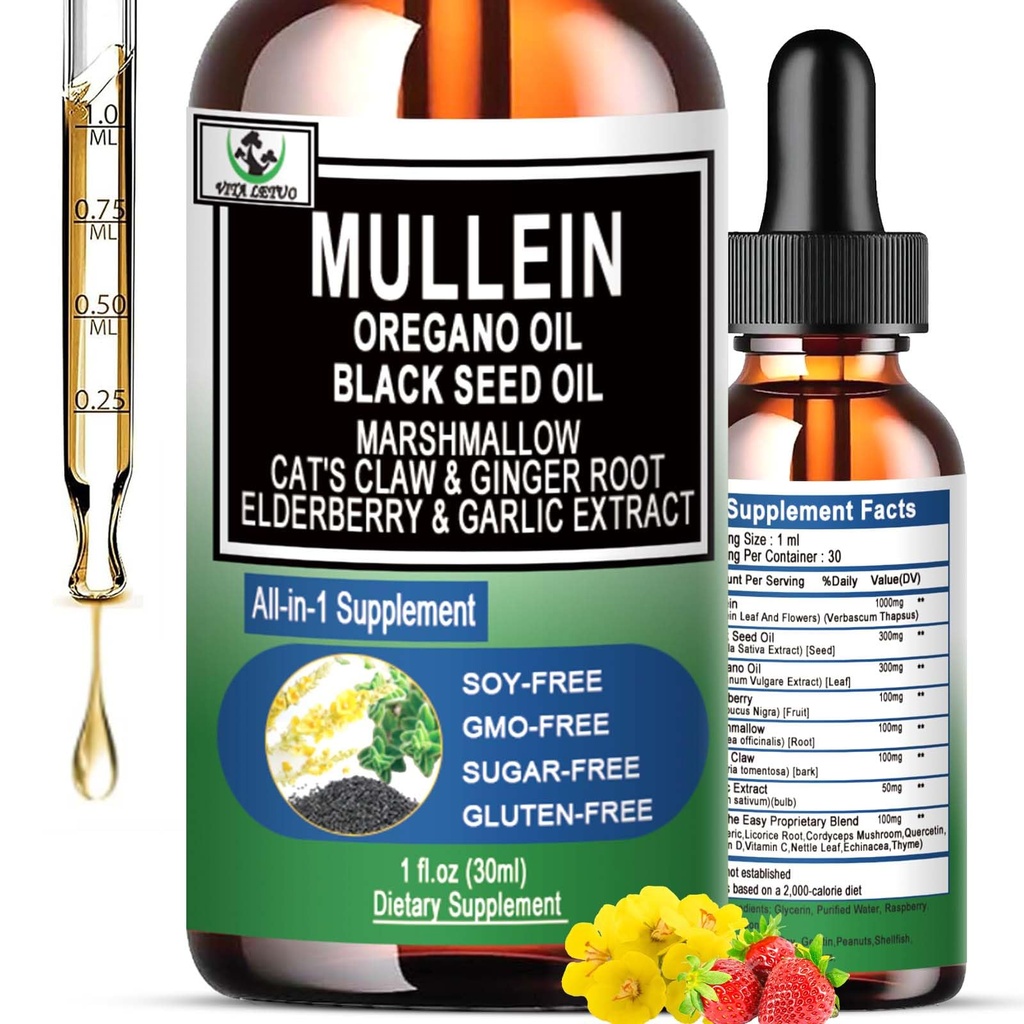 16-i-1 Organiska Mullein Drops för Lungs | Mullein Leaf Extract w / Olja av Oregano med Black Seed Oil | Non-GMO & Gluten Free Respiratory Health Liquid Drops | Mullein Supplement Cleanse för rökare