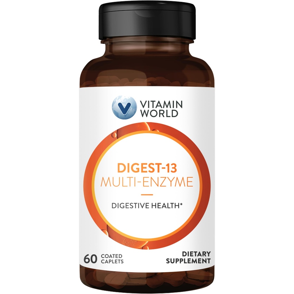 Vitamin World Digest-13 Multi-Enzyme, 1010mg Digestive Enzymes Blend med Amylase, Bromelain, Papain & Lipase för Digestion och Absorption, Digestive Enzymes för Bloating & Gas, 60 Caplets