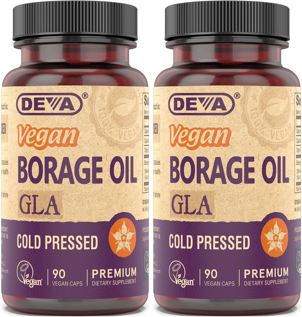 DEVA Vegan Vitaminer, Borage Oil 500mg, källa till Omega-6 Fatty Acid GLA (Gamma linolenic Acid), Cold-Pressed & Unrefined, 90 tabletter (Pack of 2)
