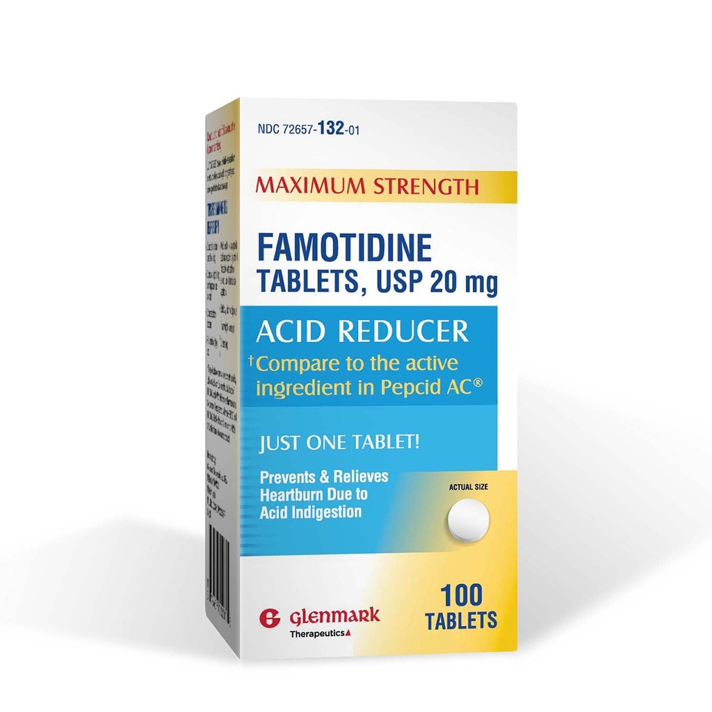 Glenmark Maximal Styrka Famotidin tabletter, 20 mg, Acid Reducer för Heartburn Relief, 100 greve