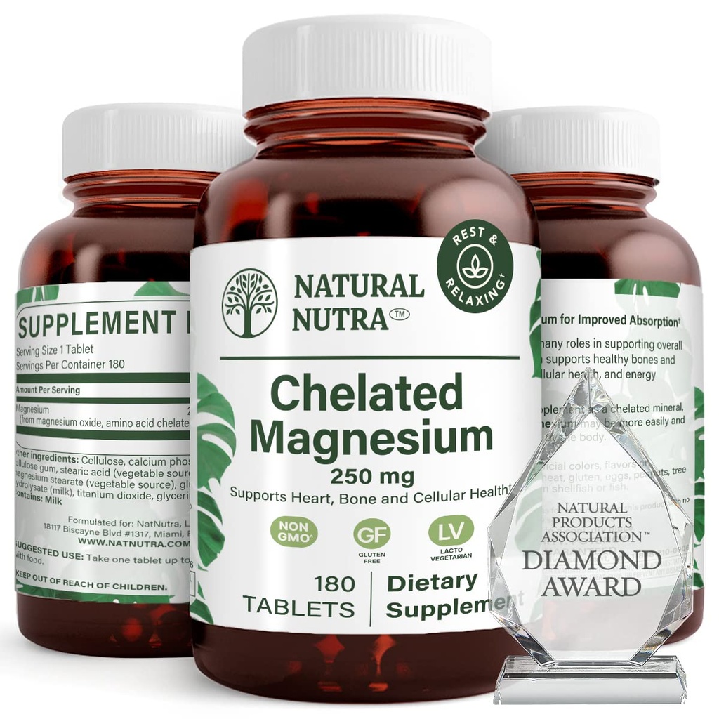 Natural Nutra Chelated Magnesium Oxide 250 mg - High Absorption for Strong Bones, Heart Health, Dental Health, Energy Boost, Gluten-Free, Non-GMO, 180 Tablets in BPA-Free Recyclable Glass Bottles