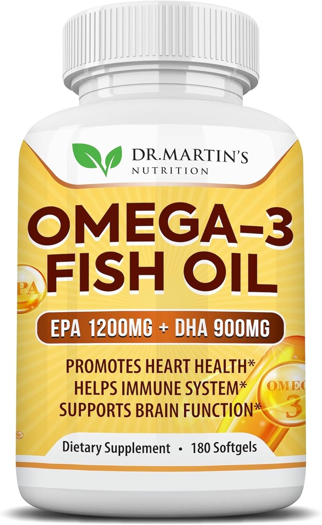 Omega 3 Fish Oil 3750mg Triple Strength | EPA 1200mg + DHA 900mg Fatty Acids | Fish Oil Omega 3 Supplement | Främjar hälsosamt hjärta, immunsystem, ögon, hud och hjärnfunktion | 180 Burpless Softgels