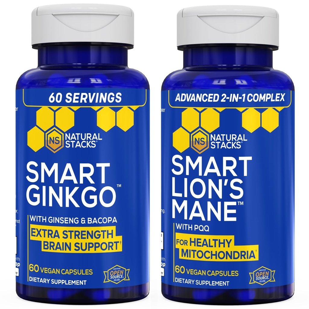 NATURAL STACKS Ginkgo Biloba + Lions Mane Mushroom Bundle - Focus & Memory Support * - 120 kapslar