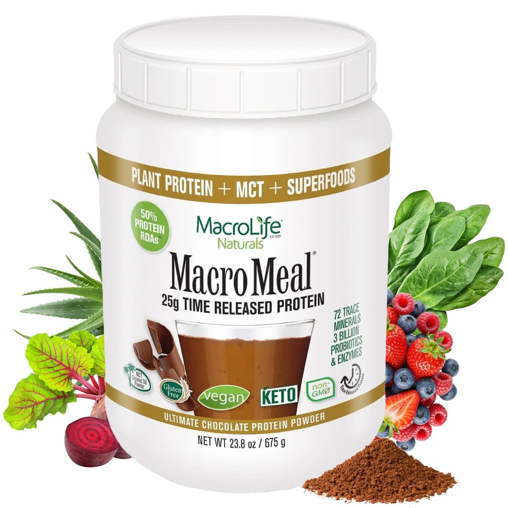MacroLife Naturals MacroMeal Vegan Chocolate Protein Powder Superfood Greens Probiotics + Fiber, Immune Energy Digestive Daily Essentials for Women & Men Gluten-Free - 23.8oz (15 portioner) Chocolate