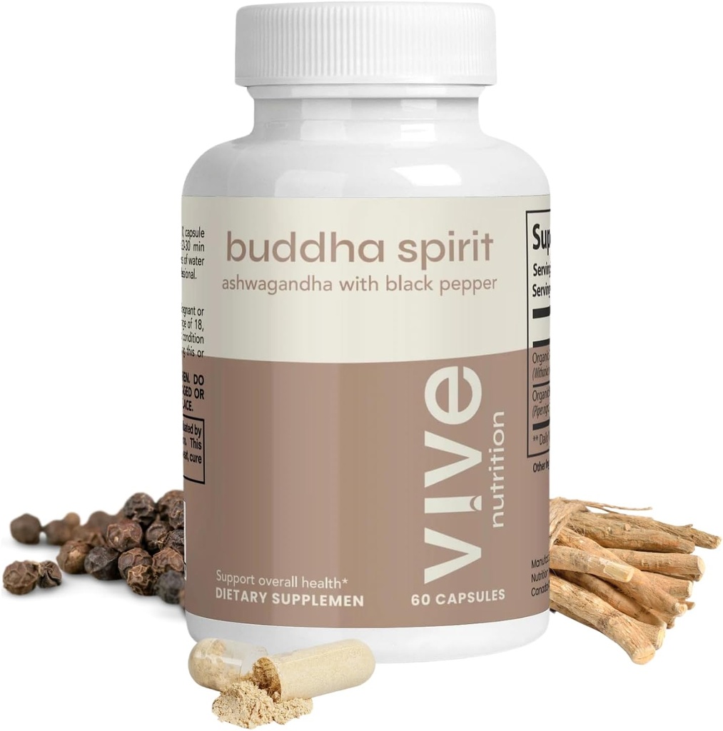 Buddha Spirit Ashwagandha kapslar med svartpeppar - 100% organisk, Vegan & Glutenfri - 60 greve, 30-dagars leverans