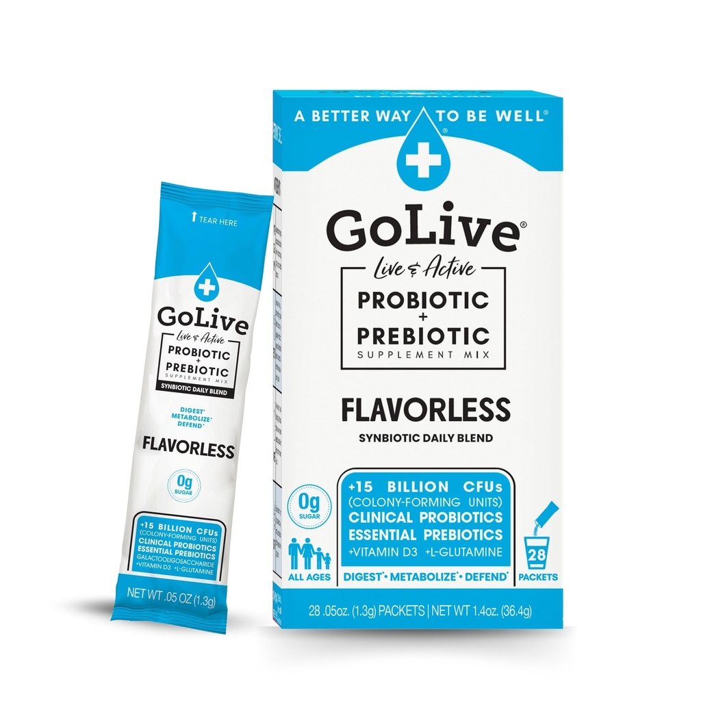 GoLive Prebiotic & Probiotic för kvinnor, män, barn. Smakfri, sockerfri, synbiotisk pulver w / GOS, L-Glutamin, vitamin D3, Electrolytes. För Gut Health, Digestion, Metabolism, immunitet 15-50B CFUs.