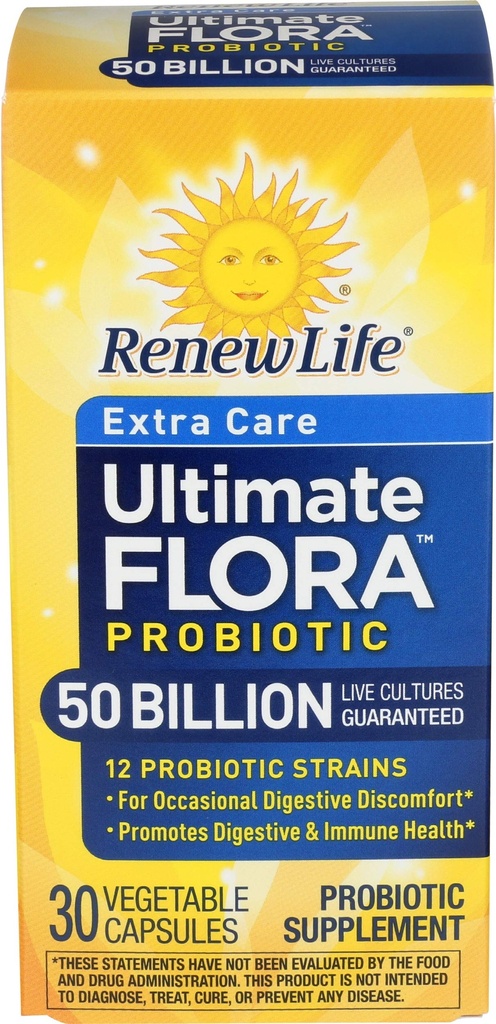 Renew Life Extra Care Digestive Probiotic Capsules, 50 miljarder CFU garanterat, dagligt tillskott stöder immun, Digestive, andningshälsa (1), L. Rhamnosus GG, Dairy, Soy och Gluten-Free, 30 greve
