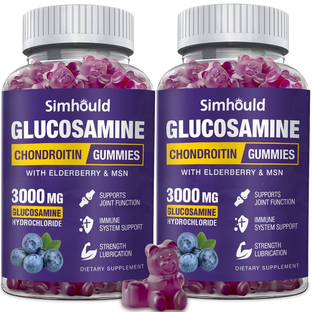 2 Packs Glukosamin Chondroitin Gummies - 3000MG Extra Strength Joint Support Supplement med MSM & Elderberry, Flexibilitet, Antioxidant Immune Support Gummy för vuxna, Män & Kvinnor