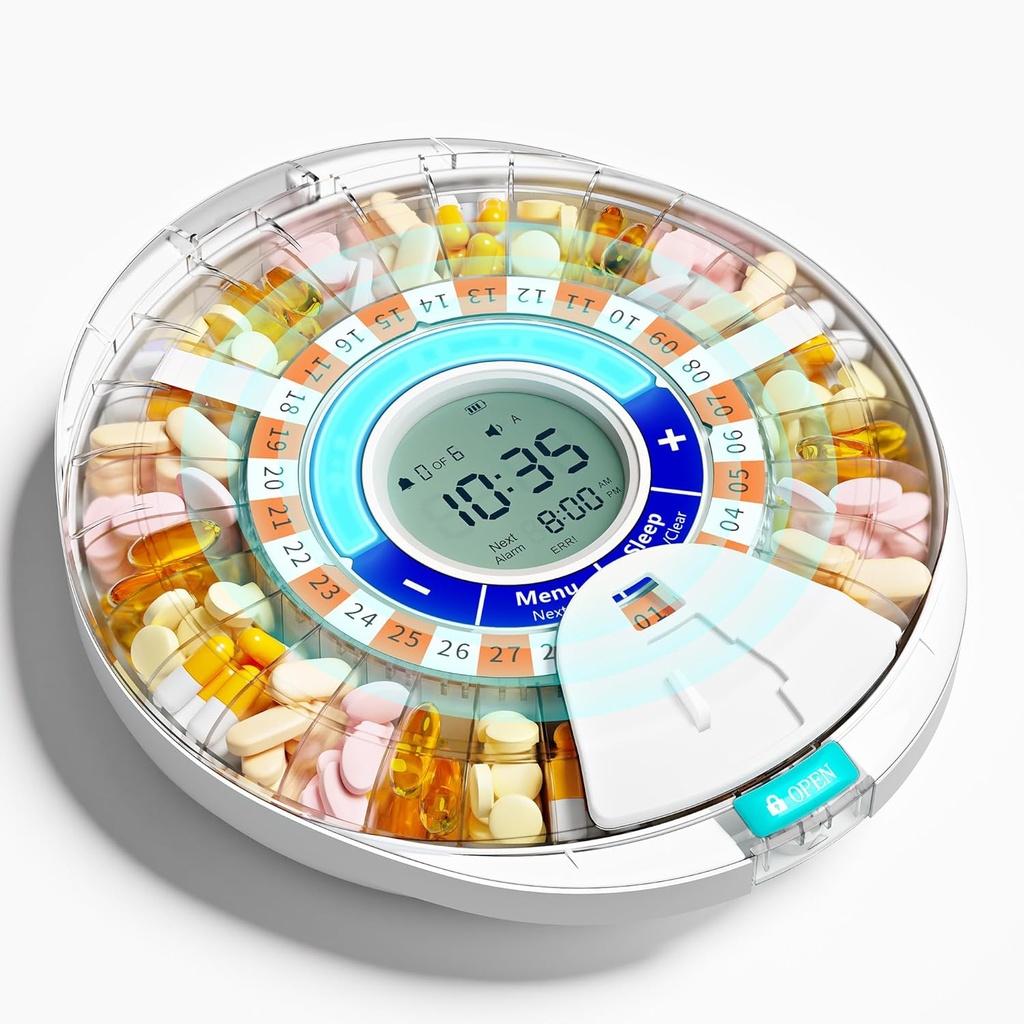 Uppgraderad automatisk Pill Dispenser för äldre med Alarm: Smart Pill Dispenser Machine med 28-Slot, Mix-Proof Tech & XL LCD, Förbättrad hållbarhet för Daily Medicine Management