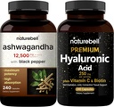 NatureBell Hyaluronic Acid Capsules med Biotin + Vitamin C & Ashwagandha 12.500 mg Likvärdigt med Black Pepper Bundle Pack | Komplett skönhetsvård Komplex | Adaptogener Kosttillskott för avkoppling