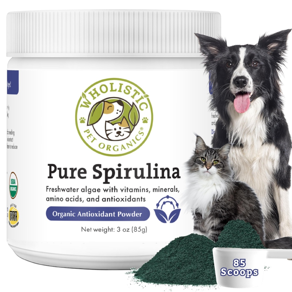 Wholistic Pet Organics Spirulina för hundar - 3 Oz - Stöder hälsosamt immunsystem och säsongsallergi - Växtbaserat antioxidantstöd för hemlagad mat - Organisk hundmat Topper - Freshly Made i USA