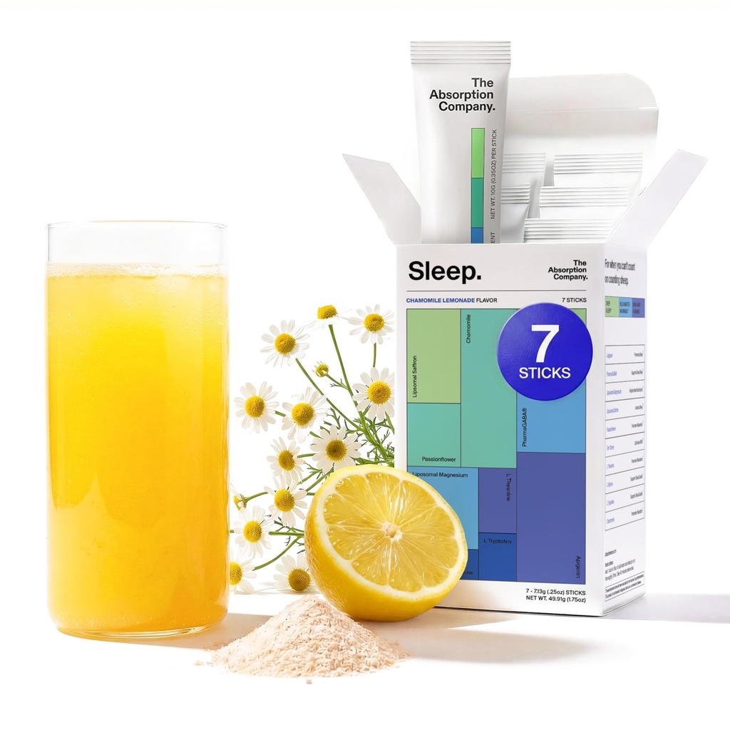 Sleep Aid Powder - Kalmning Drink för djup sömn med Liposomal Saffron, Magnesium & PharmaGABA Melatonin-Free Natural Supplement för att minska stress och förbättra sömnkvalitet Chamomile Lemonade 7 Sticks