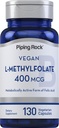 Piping Rock L MethylFolate Supplement | 400 mcg | 130 kapslar | Vegetarian, Vegan | Non-GMO, Gluten Free