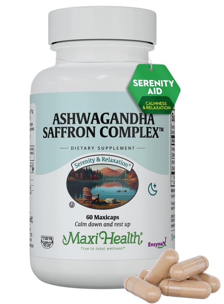Ashwagandha kompletterar komplex med Saffron - 600mg Ashwagandha Capsules & 30mg Saffron Extract för Stress Relief, Mood & Calm - Kosher, 60 kapslar