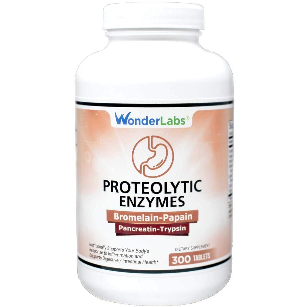 Wonder Laboratories Proteolytic Enzymes | Bromelain Papain Pancreatin Trypsin 550 mg Totalt med standardiserad Amylase, Lipase och Protease, 300 tabletter