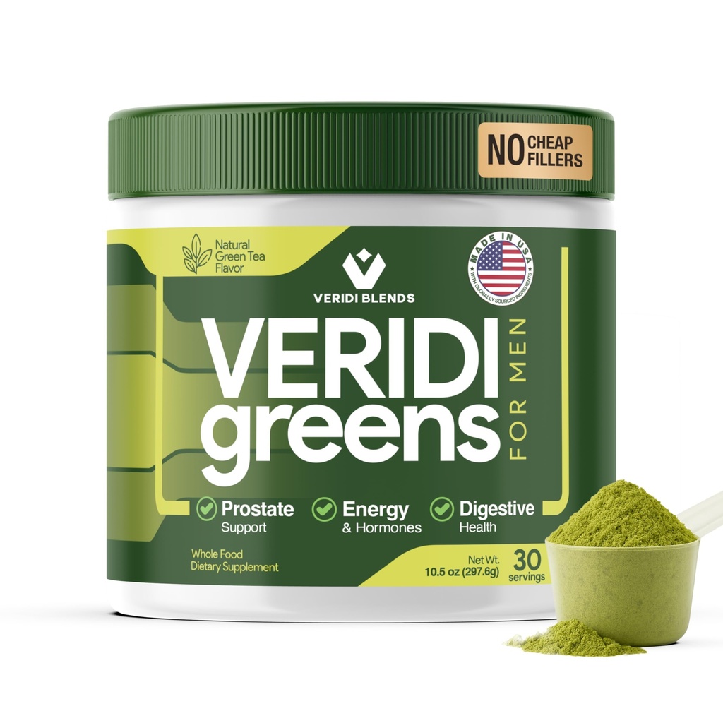 Veridi Greens för Män 40 + | Daglig Superfood Greens Powder för Prostate Health, Hormon & Energy Support | Premium USA Blend med Spirulina, Saw Palmetto, Zink & Enzymes